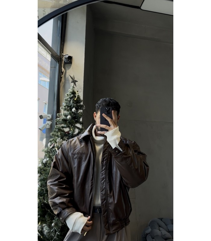 Oversize bomber yeni sezon arka yazı detaylı deri ceket