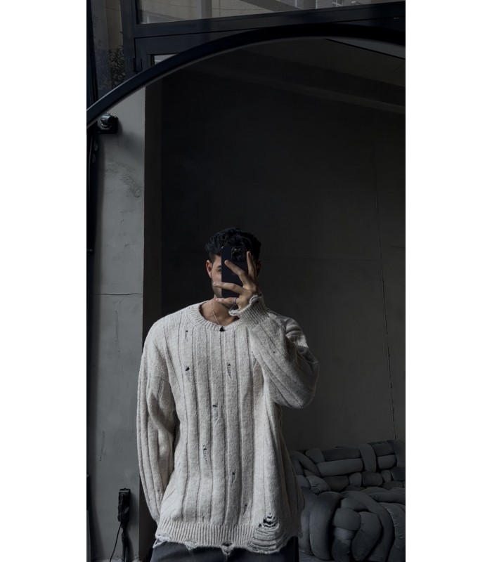 OVERSİZE ÖZEL YIRTMAC DETAYLI BİSİKLET YAKA KAZAK