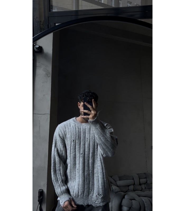 OVERSİZE ÖZEL YIRTMAC DETAYLI BİSİKLET YAKA KAZAK