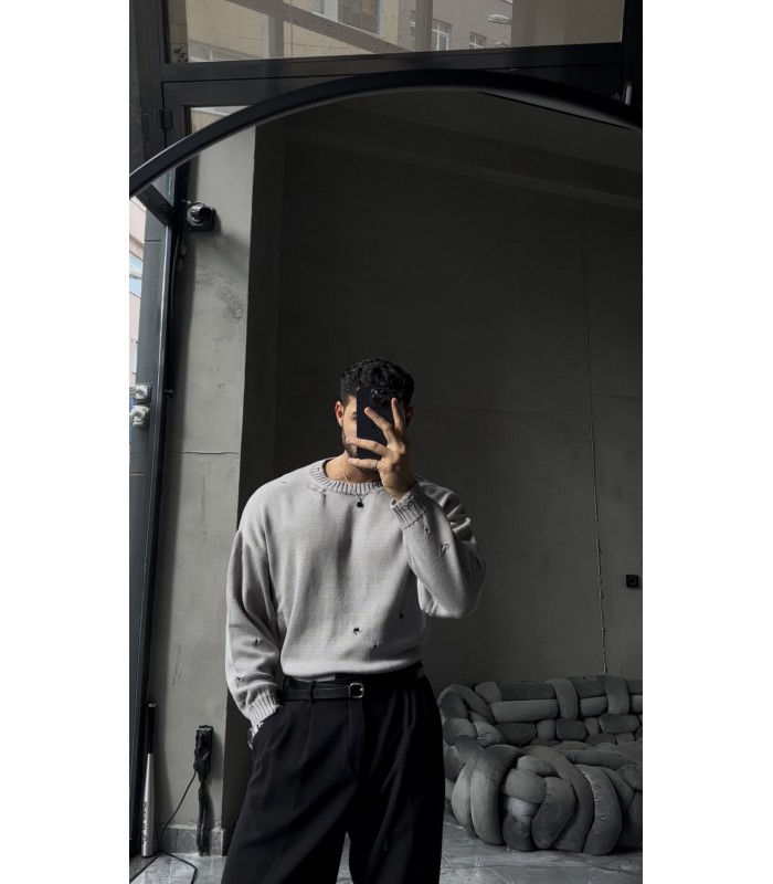 OVERSİZE BİSİKLET YAKA YIRTMAÇ DETAYLI KAZAK