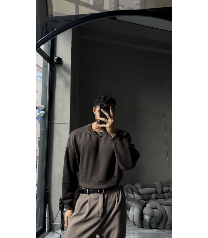 OVERSİZE BİSİKLET YAKA YIRTMAÇ DETAYLI KAZAK