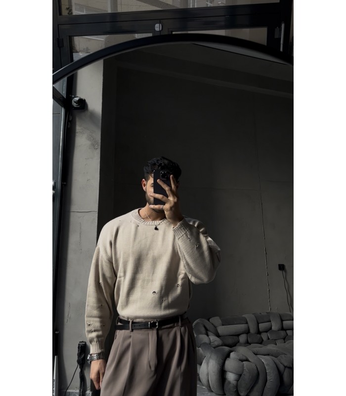 OVERSİZE BİSİKLET YAKA YIRTMAÇ DETAYLI KAZAK