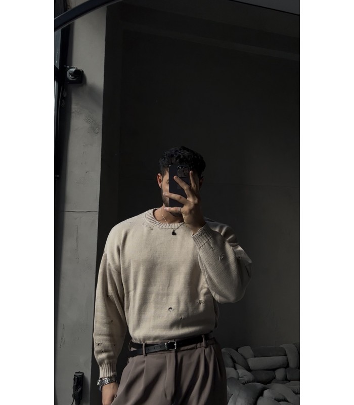 OVERSİZE BİSİKLET YAKA YIRTMAÇ DETAYLI KAZAK