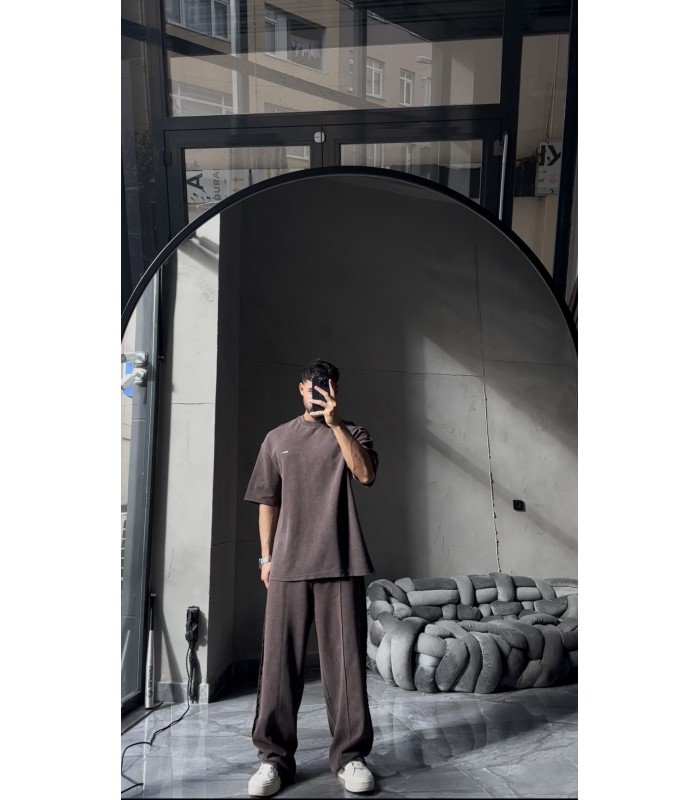 OVERSİZE YIKAMA KUMAŞ ÖN ÇİFT DETAYLI EŞOFMAN TAKIM