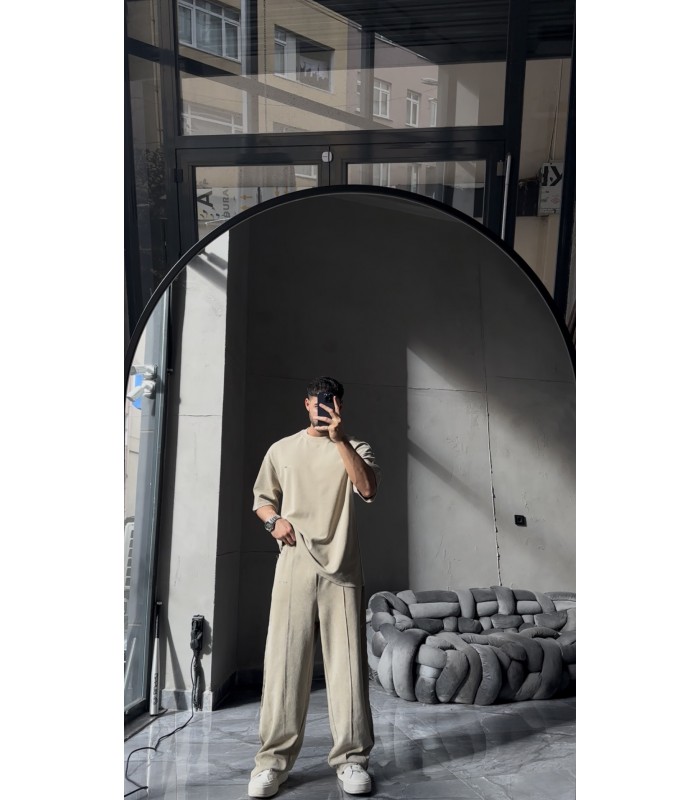 OVERSİZE YIKAMA KUMAŞ ÖN ÇİFT DETAYLI EŞOFMAN TAKIM