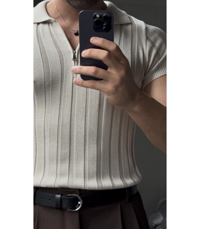 LİKRALI YAKA FERMUAR ÖZEL DESEN DETAYLI TSHIRT