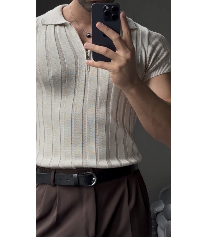 LİKRALI YAKA FERMUAR ÖZEL DESEN DETAYLI TSHIRT