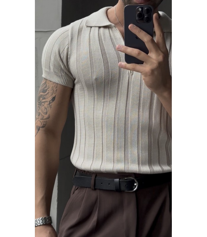 LİKRALI YAKA FERMUAR ÖZEL DESEN DETAYLI TSHIRT