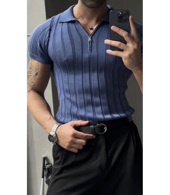 LİKRALI YAKA FERMUAR ÖZEL DESEN DETAYLI TSHIRT