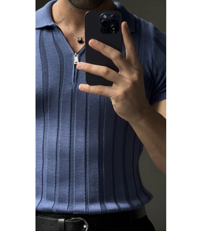 LİKRALI YAKA FERMUAR ÖZEL DESEN DETAYLI TSHIRT