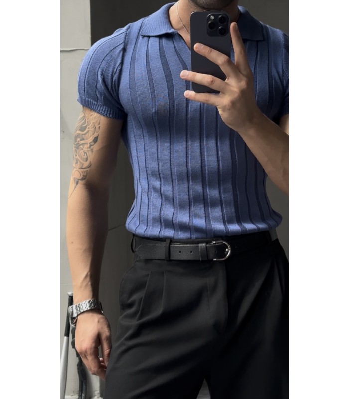 LİKRALI YAKA FERMUAR ÖZEL DESEN DETAYLI TSHIRT