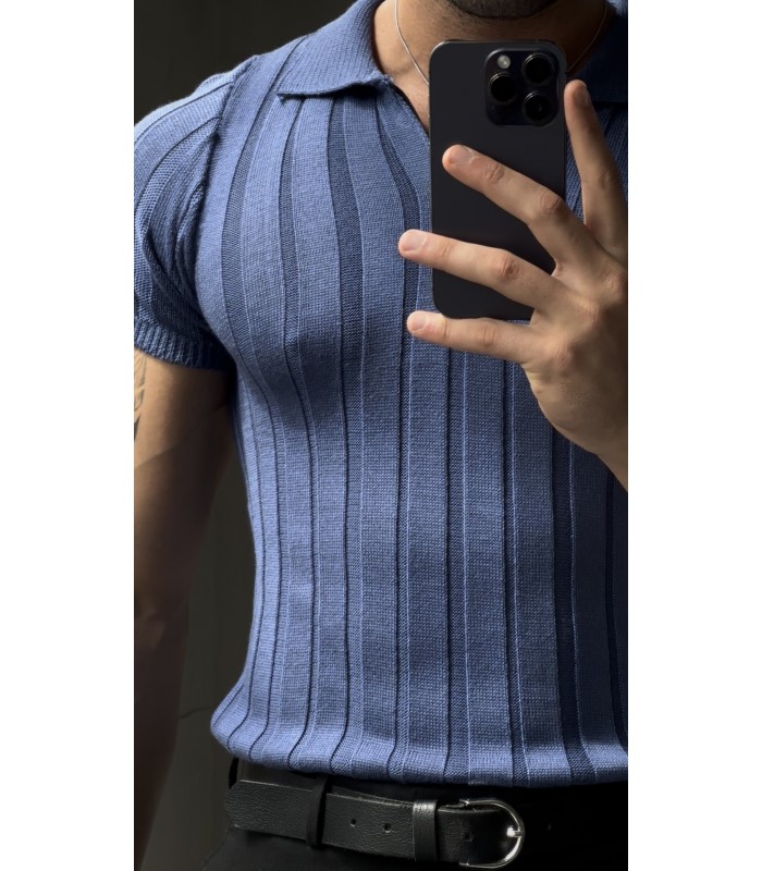 LİKRALI YAKA FERMUAR ÖZEL DESEN DETAYLI TSHIRT