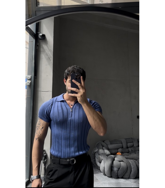 LİKRALI YAKA FERMUAR ÖZEL DESEN DETAYLI TSHIRT
