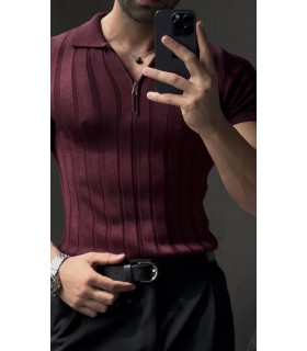 LİKRALI YAKA FERMUAR ÖZEL DESEN DETAYLI TSHIRT