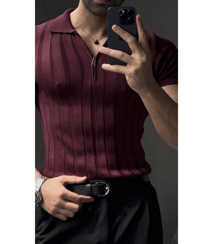 LİKRALI YAKA FERMUAR ÖZEL DESEN DETAYLI TSHIRT