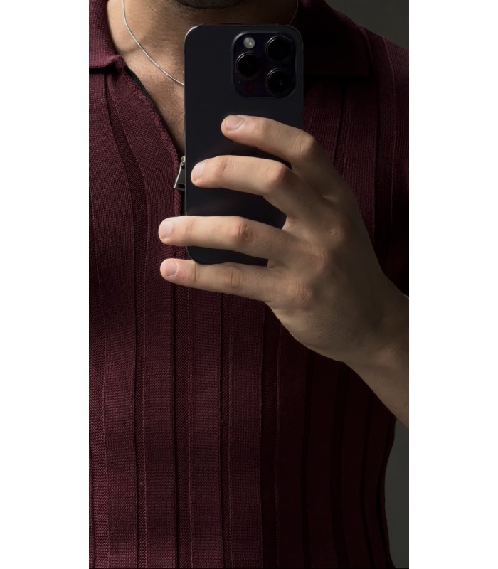 LİKRALI YAKA FERMUAR ÖZEL DESEN DETAYLI TSHIRT