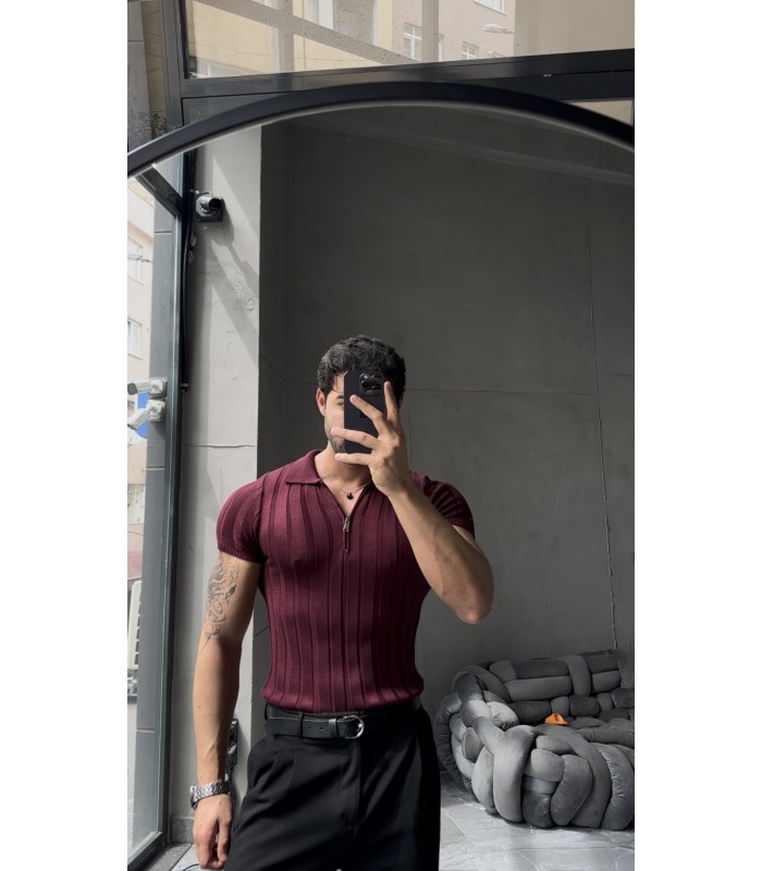 LİKRALI YAKA FERMUAR ÖZEL DESEN DETAYLI TSHIRT
