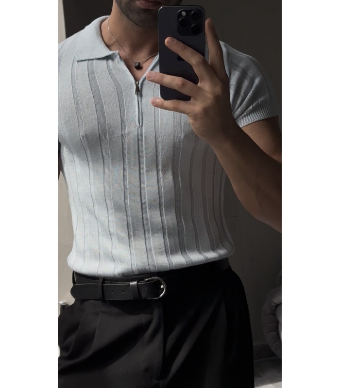 LİKRALI YAKA FERMUAR ÖZEL DESEN DETAYLI TSHIRT