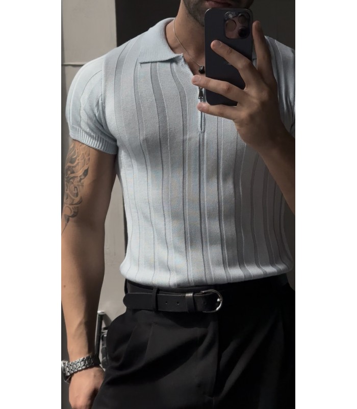 LİKRALI YAKA FERMUAR ÖZEL DESEN DETAYLI TSHIRT
