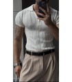 LİKRALI YAKA FERMUAR ÖZEL DESEN DETAYLI TSHIRT