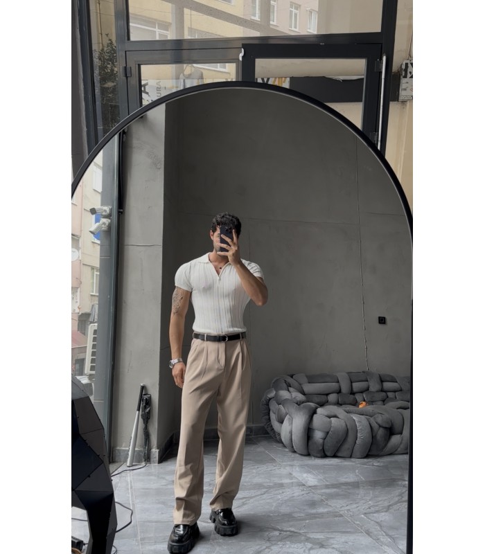 LİKRALI YAKA FERMUAR ÖZEL DESEN DETAYLI TSHIRT