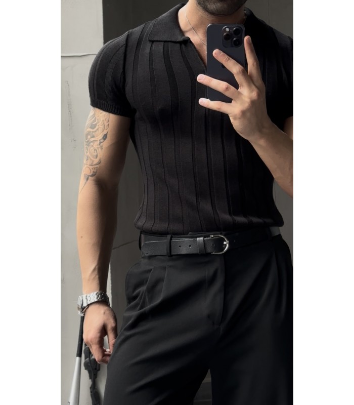 LİKRALI YAKA FERMUAR ÖZEL DESEN DETAYLI TSHIRT