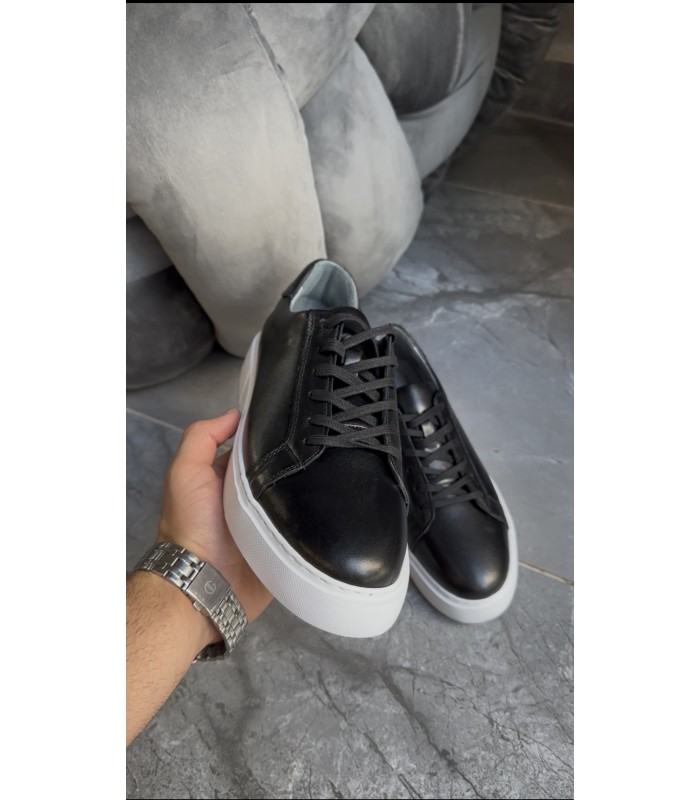 SİYAH HAKİKİ DERİ BAĞCIKLI SNEAKER