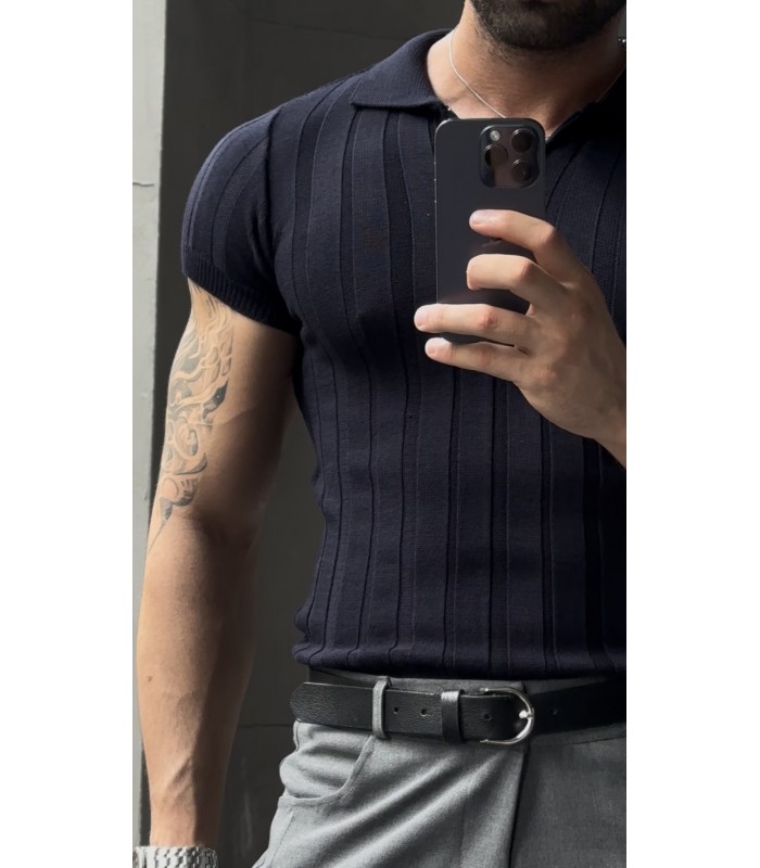 LİKRALI YAKA FERMUAR ÖZEL DESEN DETAYLI TSHIRT
