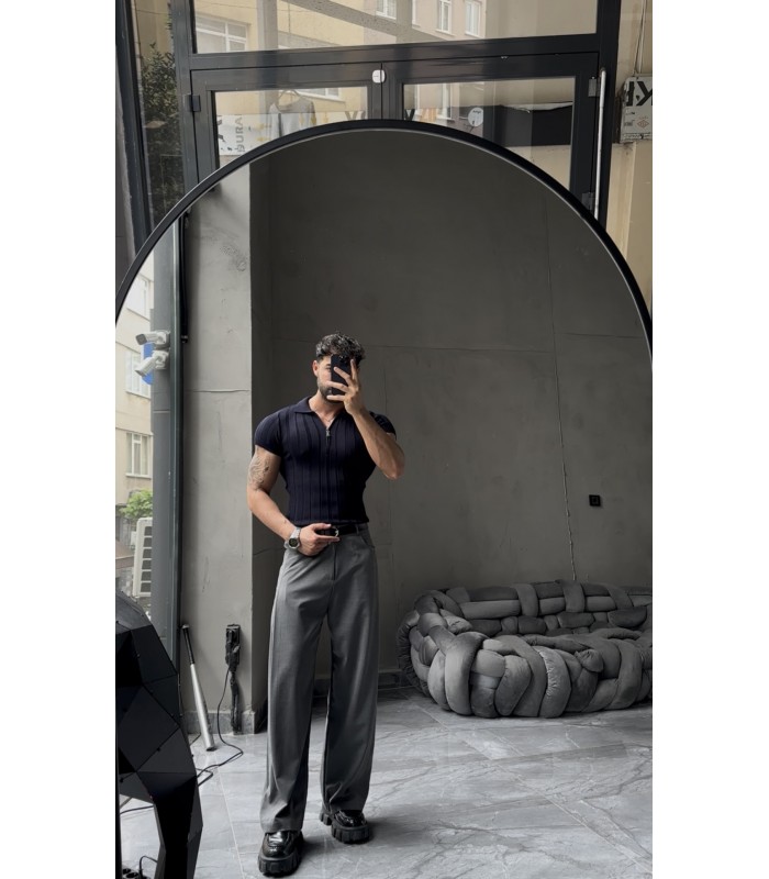 LİKRALI YAKA FERMUAR ÖZEL DESEN DETAYLI TSHIRT