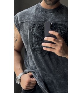 22 RAKAM  DETAYLI YIKAMA KUMAŞ SIFIR KOL TSHIRT