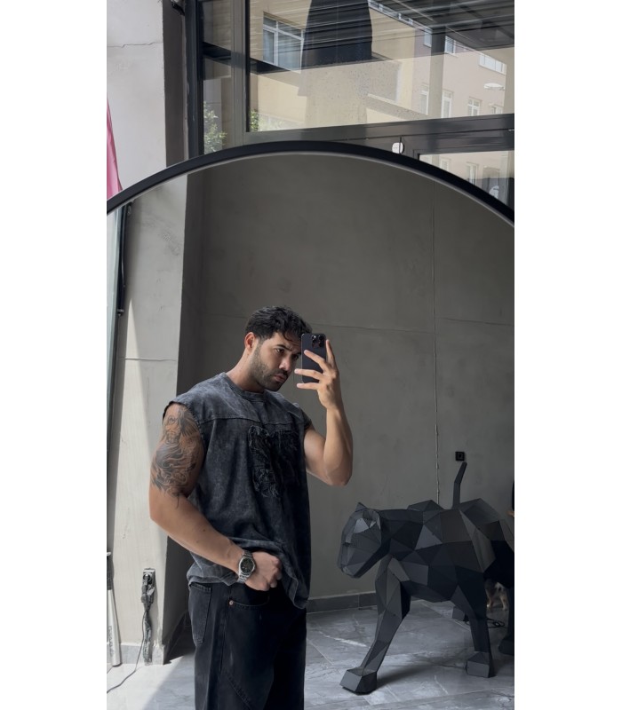 22 RAKAM  DETAYLI YIKAMA KUMAŞ SIFIR KOL TSHIRT