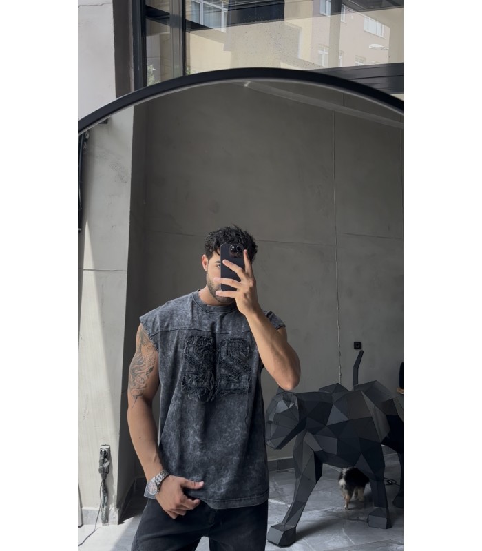 22 RAKAM  DETAYLI YIKAMA KUMAŞ SIFIR KOL TSHIRT