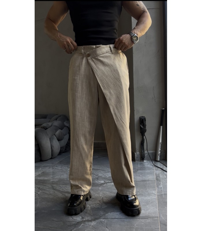 YAN DÜĞME DETAY BAGGY KETEN PANTOLON