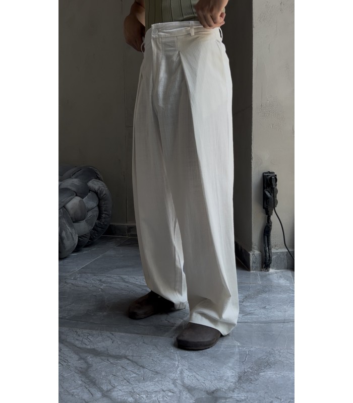 BAGGY ÖZEL KESİM ÖN PİLE DETAYLI KETEN PANTOLON