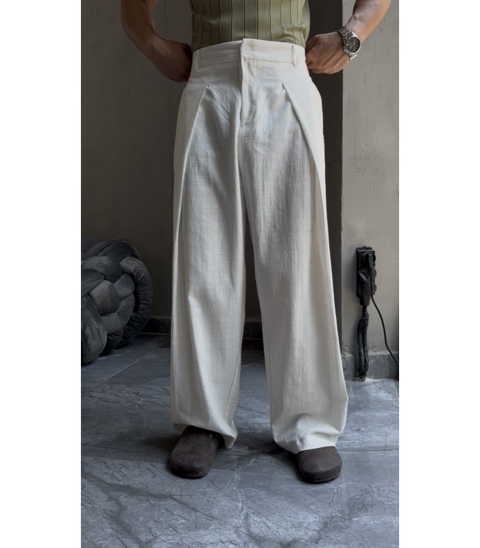 BAGGY ÖZEL KESİM ÖN PİLE DETAYLI KETEN PANTOLON
