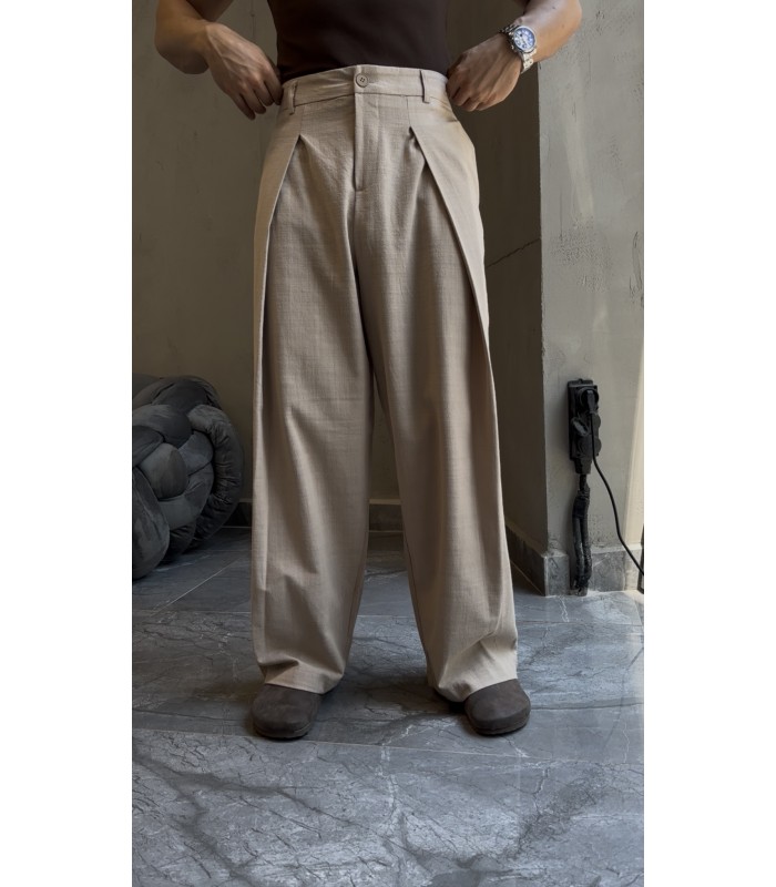 BAGGY ÖZEL KESİM ÖN PİLE DETAYLI KETEN PANTOLON