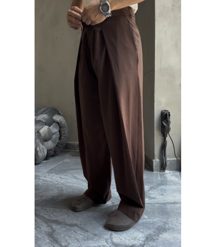 BAGGY ÖZEL KESİM ÖN PİLE DETAYLI KETEN PANTOLON