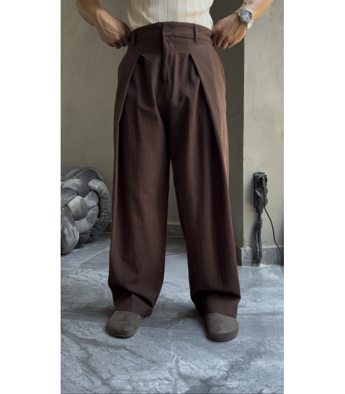 BAGGY ÖZEL KESİM ÖN PİLE DETAYLI KETEN PANTOLON