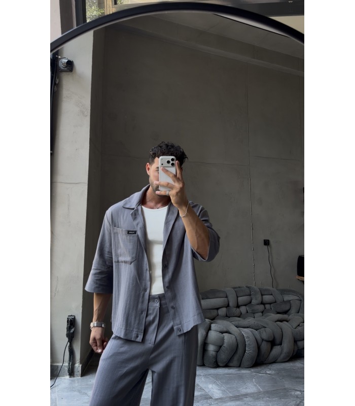 Antrasit Oversize Kısa Kollu Blazer & Wide Leg Pantolon